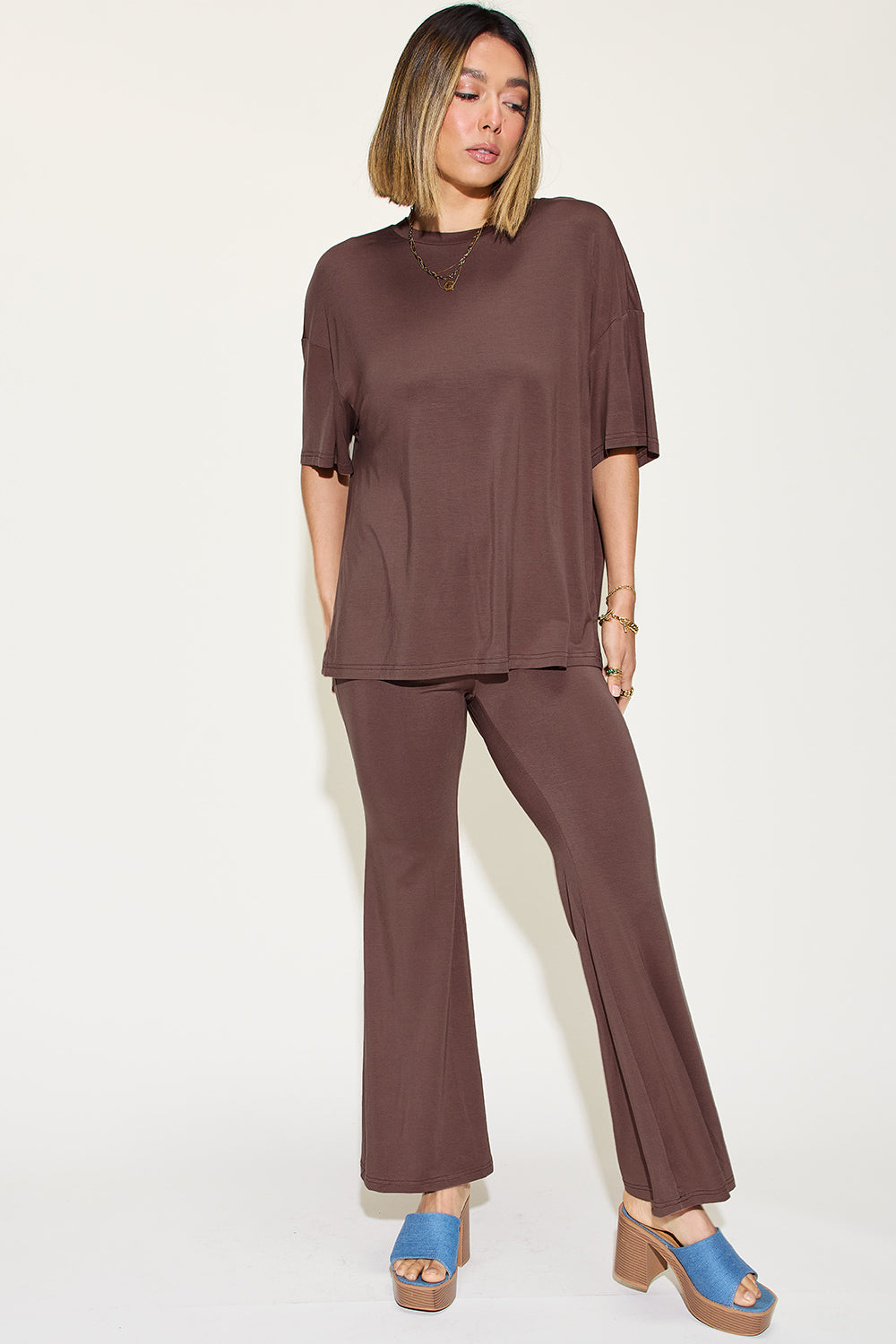 Comfy Bamboo Drop Shoulder Tee & Flare Pants Set