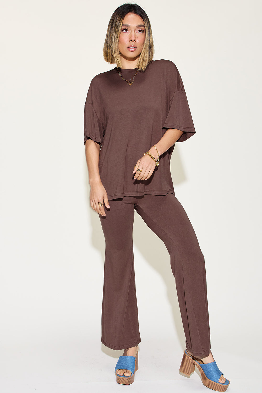 Comfy Bamboo Drop Shoulder Tee & Flare Pants Set Chocolate