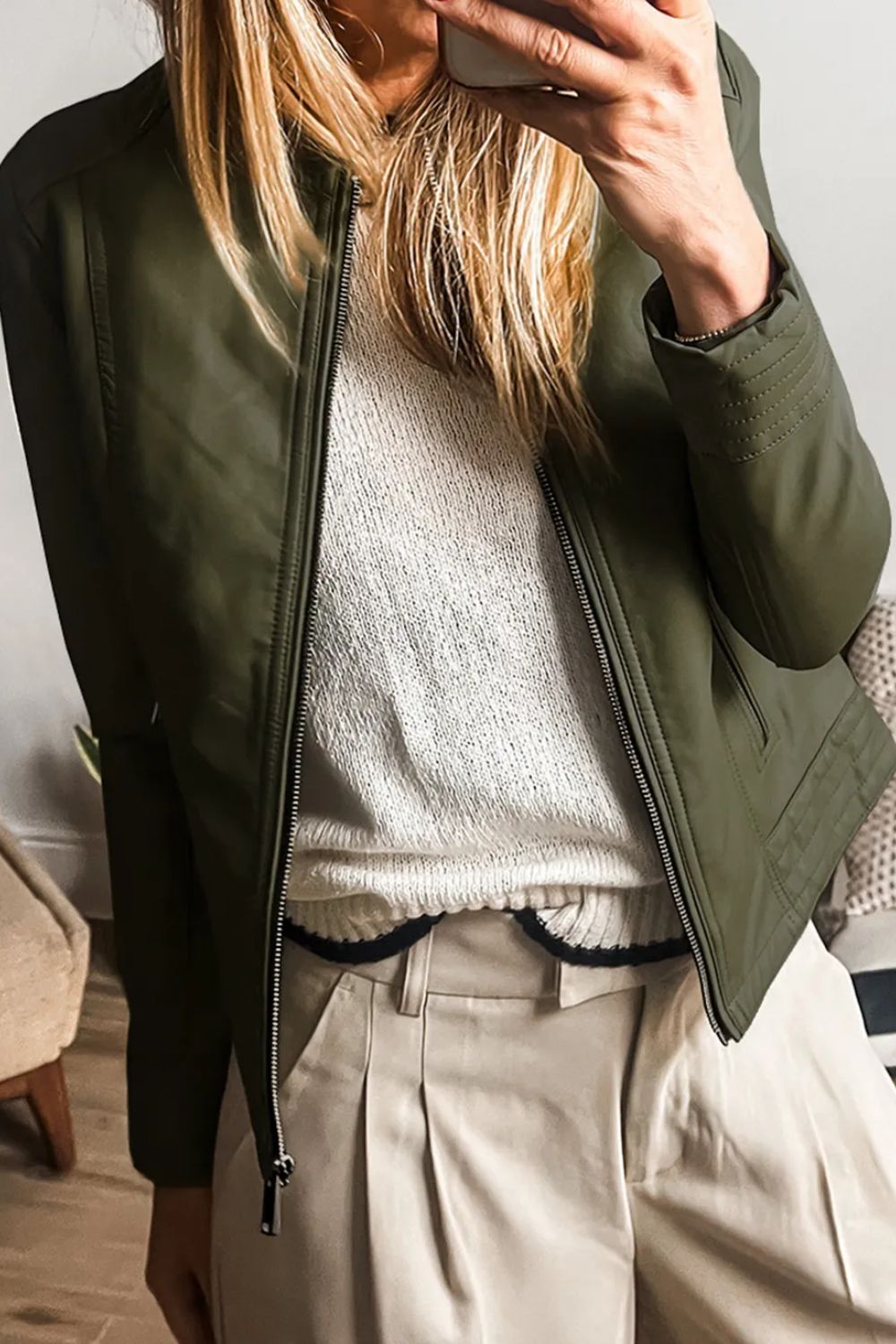 Faux Leather Moto Jacket Army Green