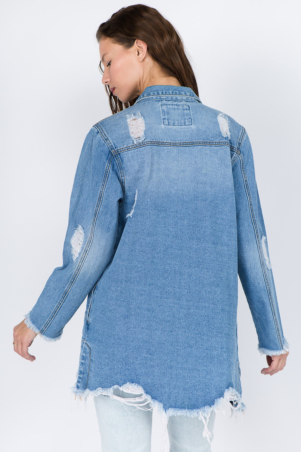 Women's Distressed Denim Jacket with Frayed Hem