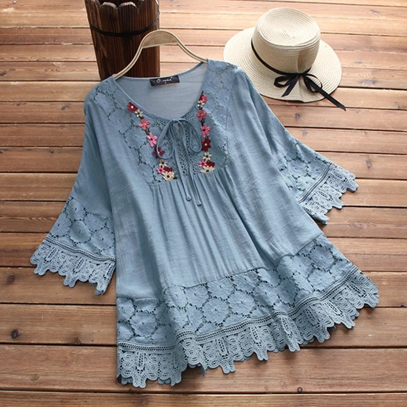 Ladies Paneled Lace Appliquéd Shirt Sky blue azure