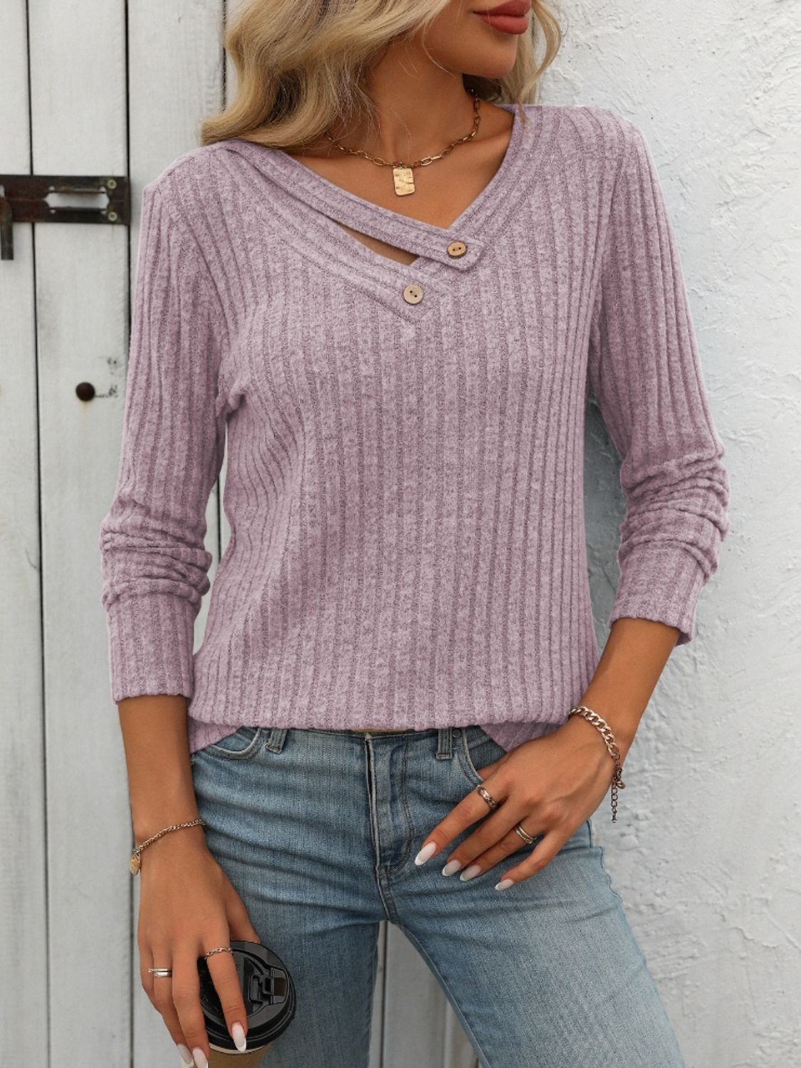 Back to School Ribbed V-Neck Tee Moonlit Mauve