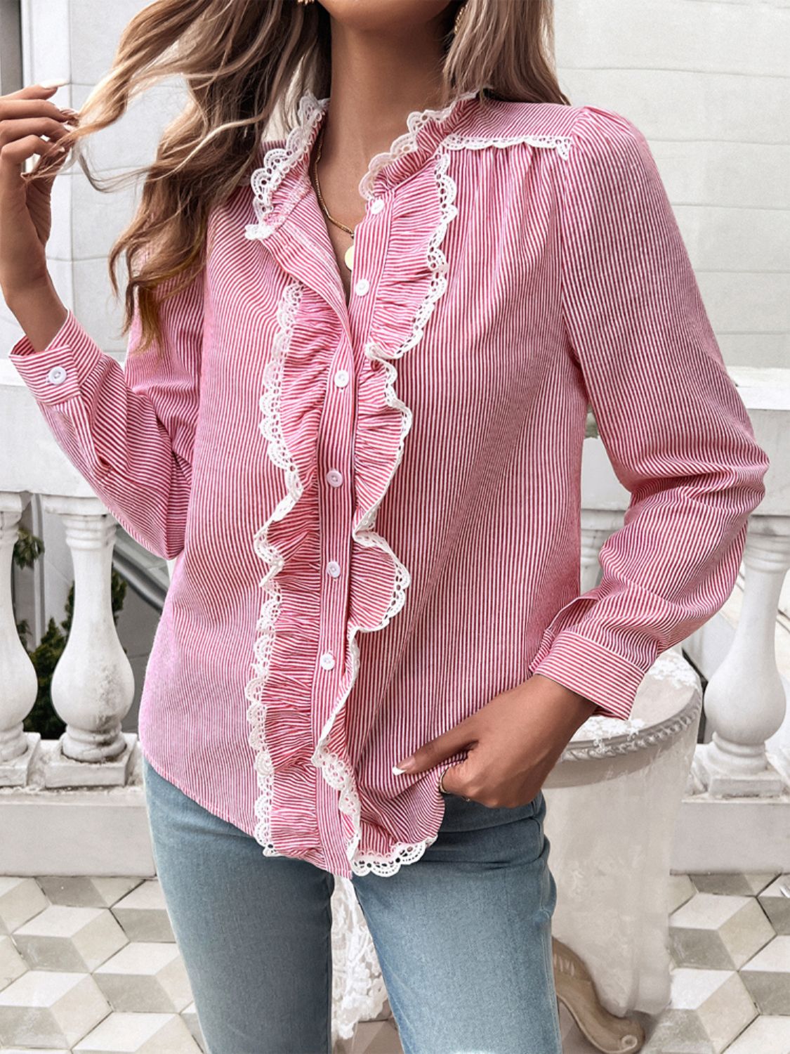 Lace Detail Button-Up Shirt