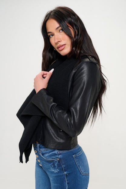 Women's Knit Collar Faux Leather Crop Jacket