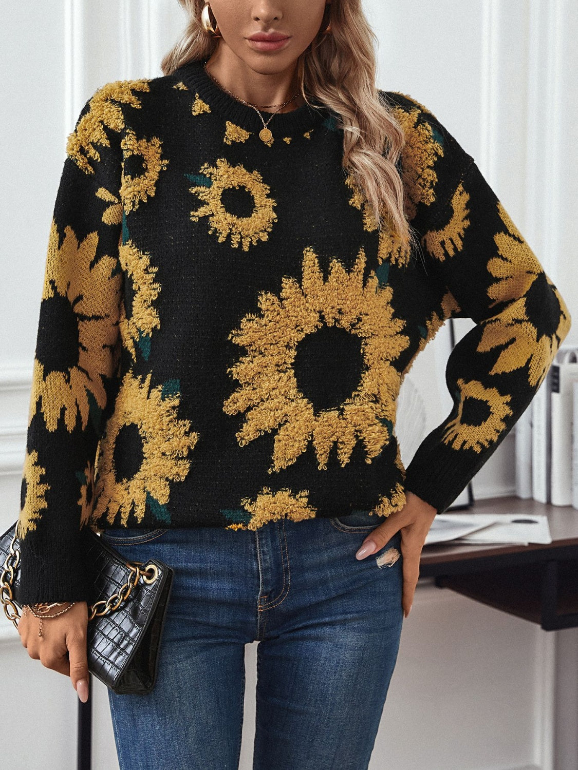 Sunflower Round Neck Long Sleeve Sweater Black