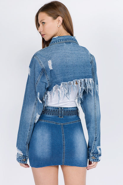 Women's Distressed Denim Crop Jacket