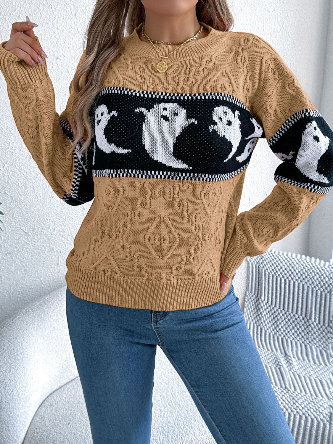 Ghost Round Neck Long Sleeve Sweater Camel