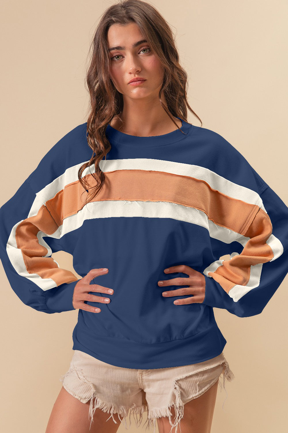 Women's Color Block Sweatshirt Indigo Mustard Ivory