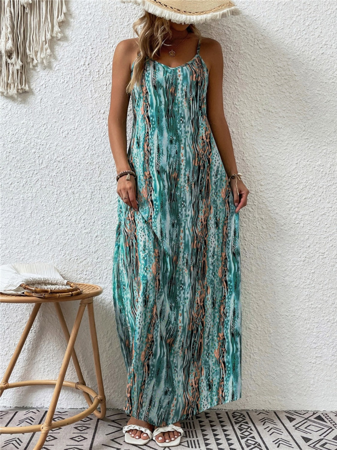 Full Size Printed Scoop Neck Maxi Cami Dress Turquoise