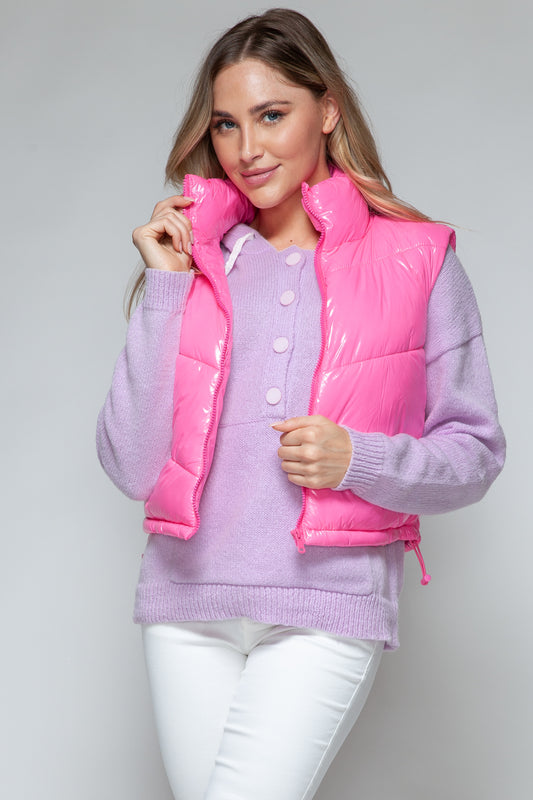 Snobbish Zip Up Turtleneck Shiny Quilted Vest Hot Pink