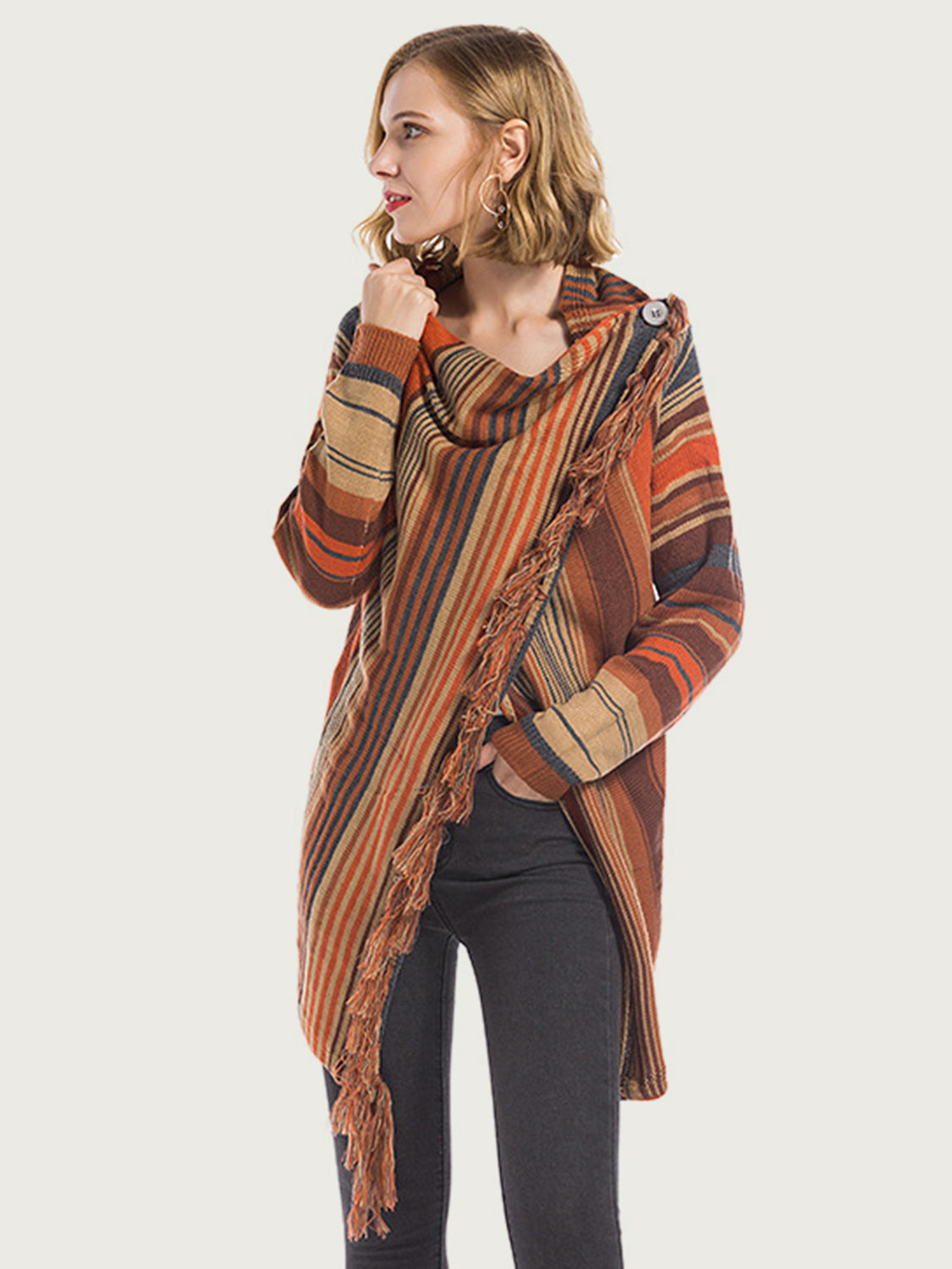 Angel Wings Tassel Striped Open Front Long Sleeve Cardigan Ochre