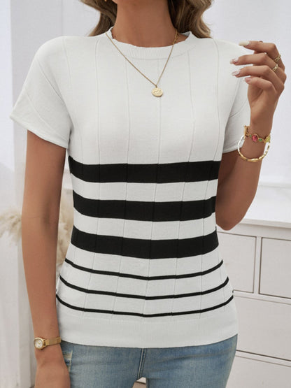 Striped Round Neck Short Sleeve Knit Top White