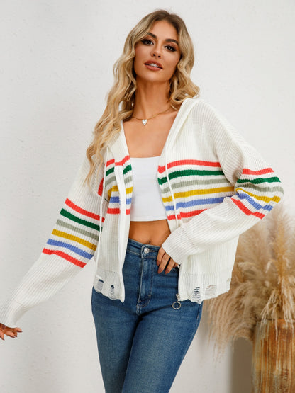 Drawstring Striped Dropped Shoulder Hooded Cardigan White