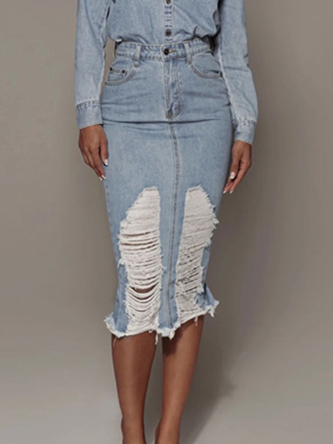 Distressed Slit Denim Skirt Light