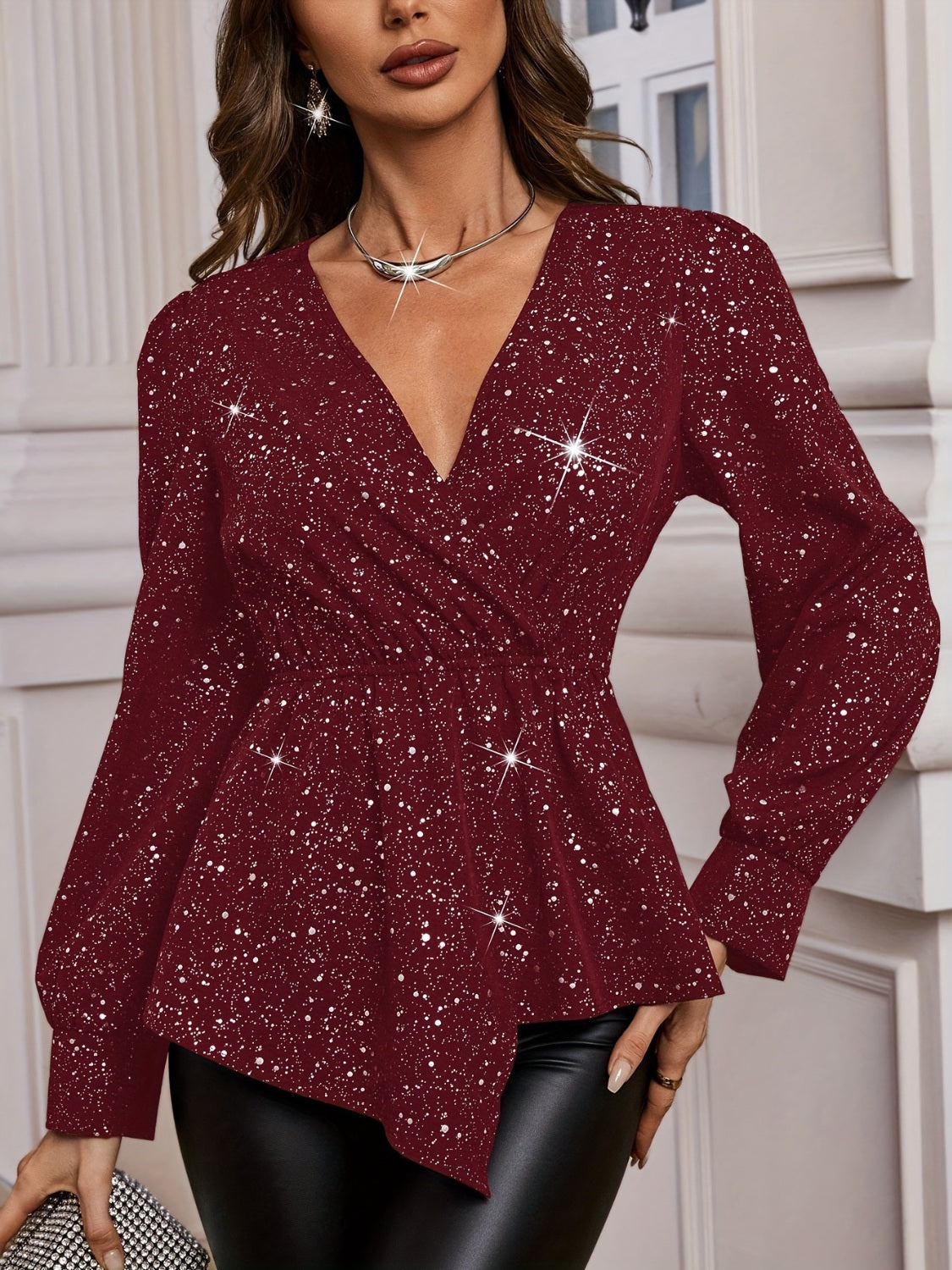 Asymmetrical Hem Surplice Long Sleeve Blouse Burgundy