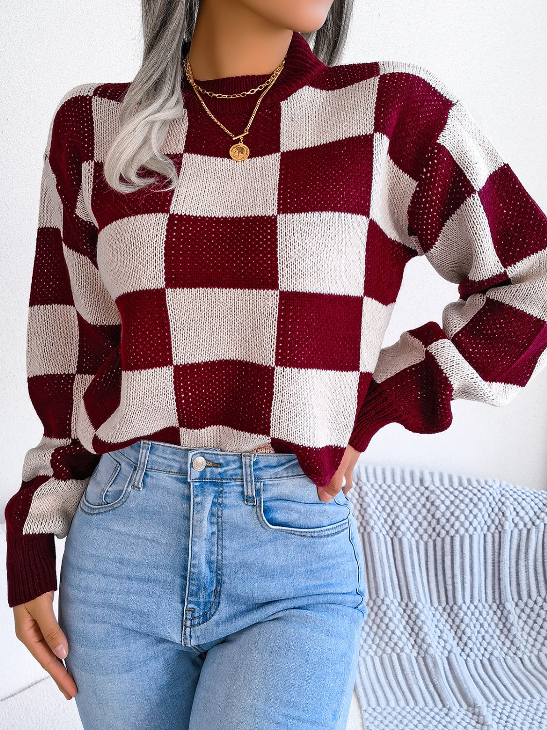 Checkered Mock Neck Long Sleeve Sweater Burgundy