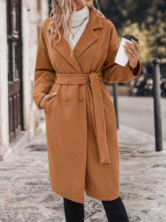 Perfee Dropped Shoulder Tie Waist Coat Caramel