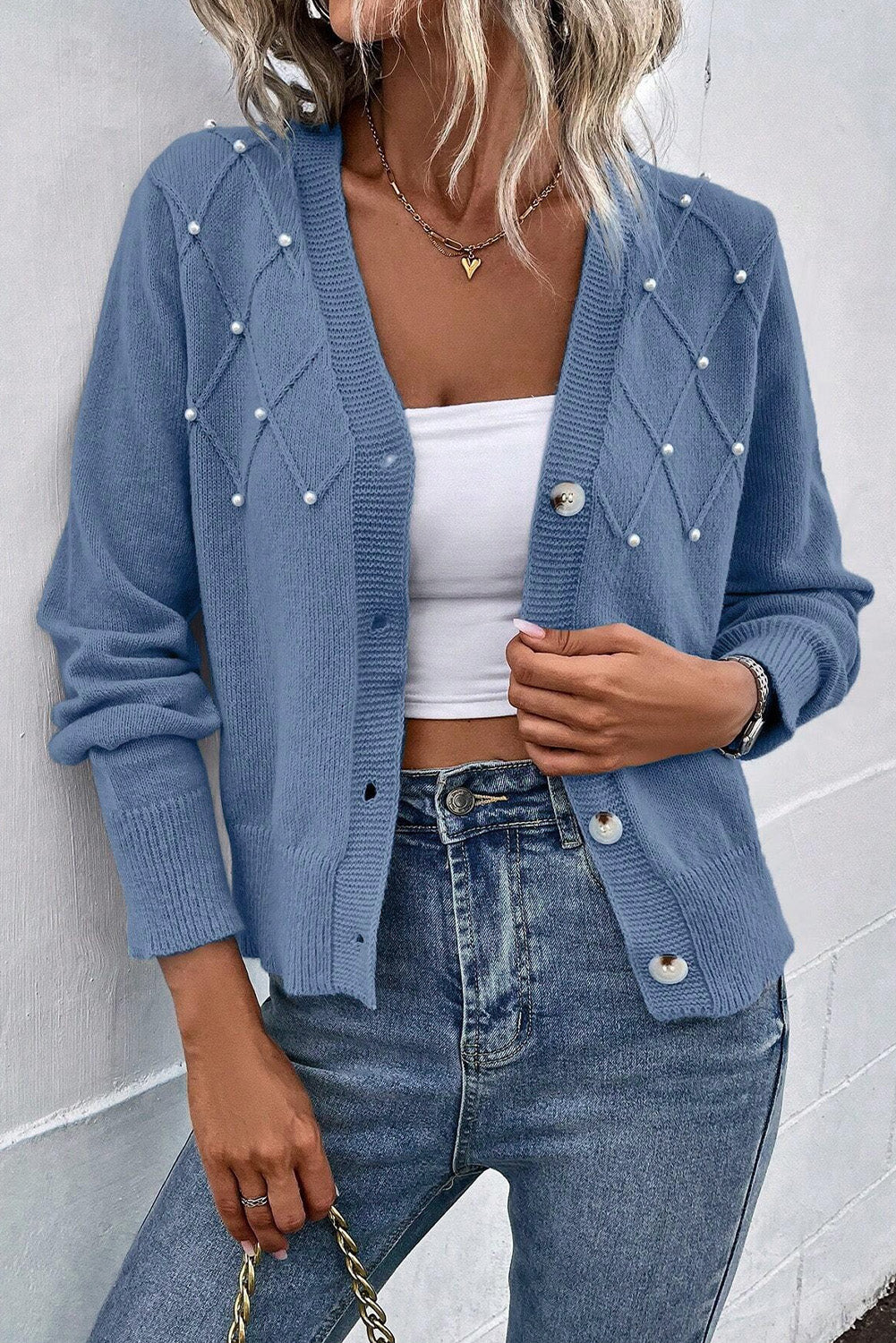 Pearl Trim Button Up Cardigan Dusty Blue