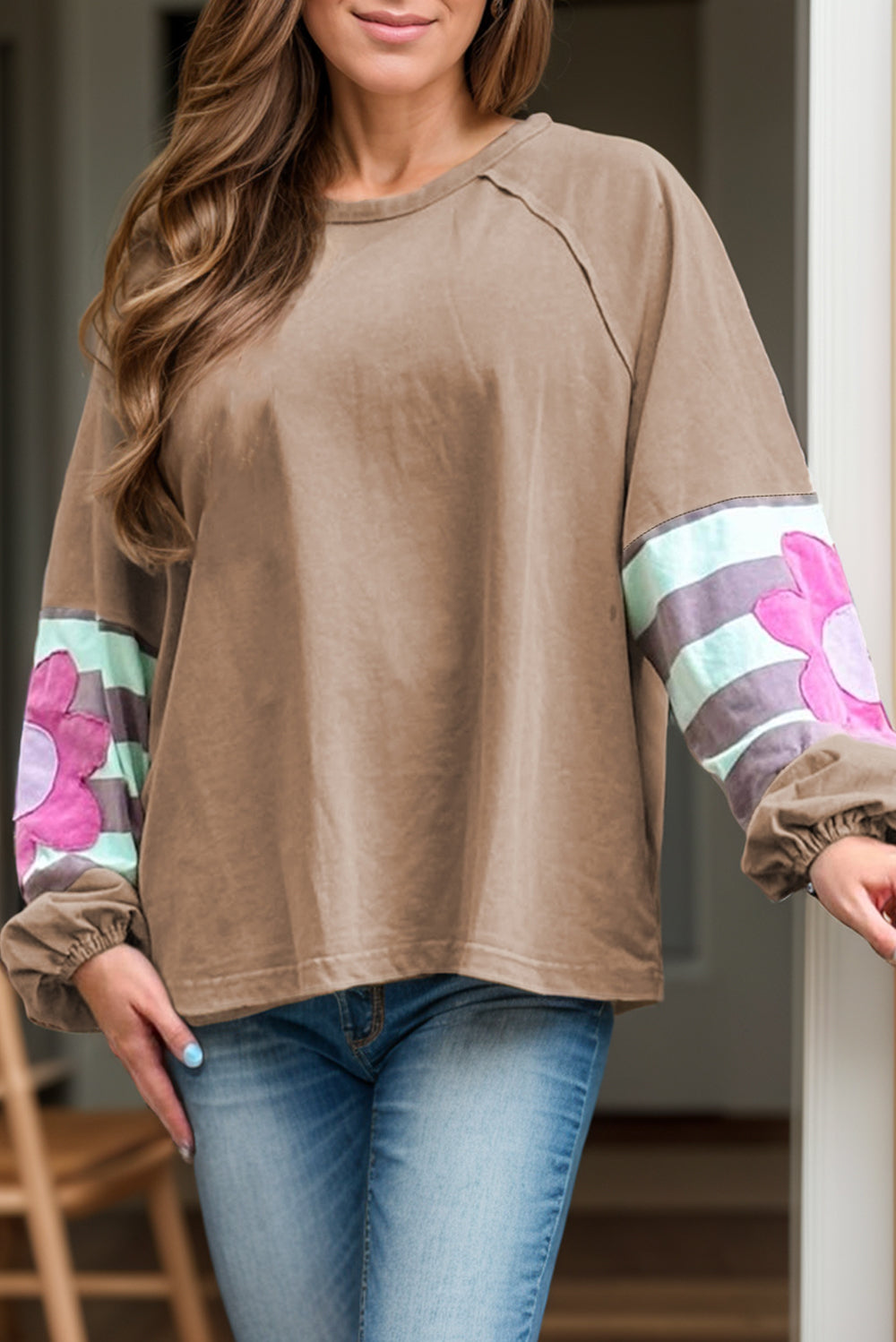 Plus Size Flower Round Neck Long Sleeve Blouse Camel