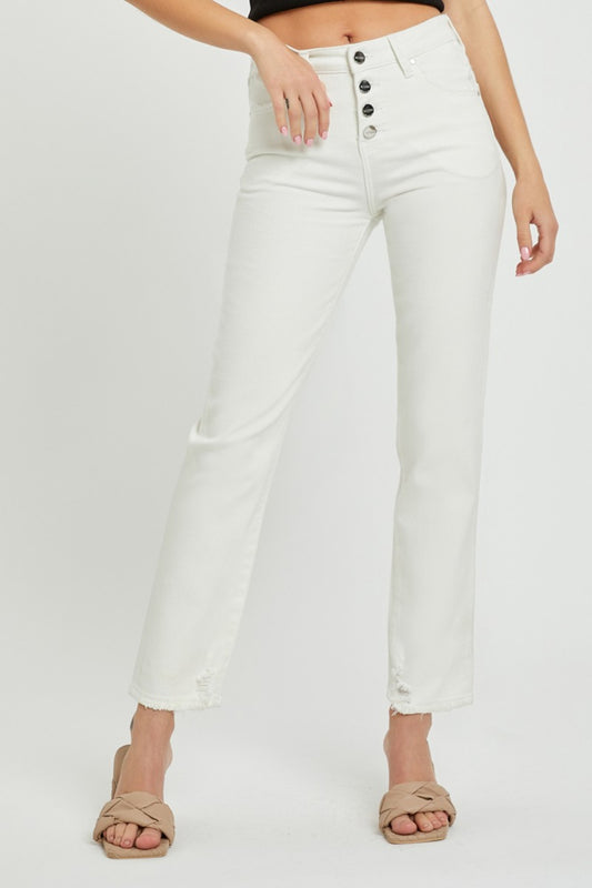 RISEN Full Size Mid-Rise Tummy Control Straight Jeans White
