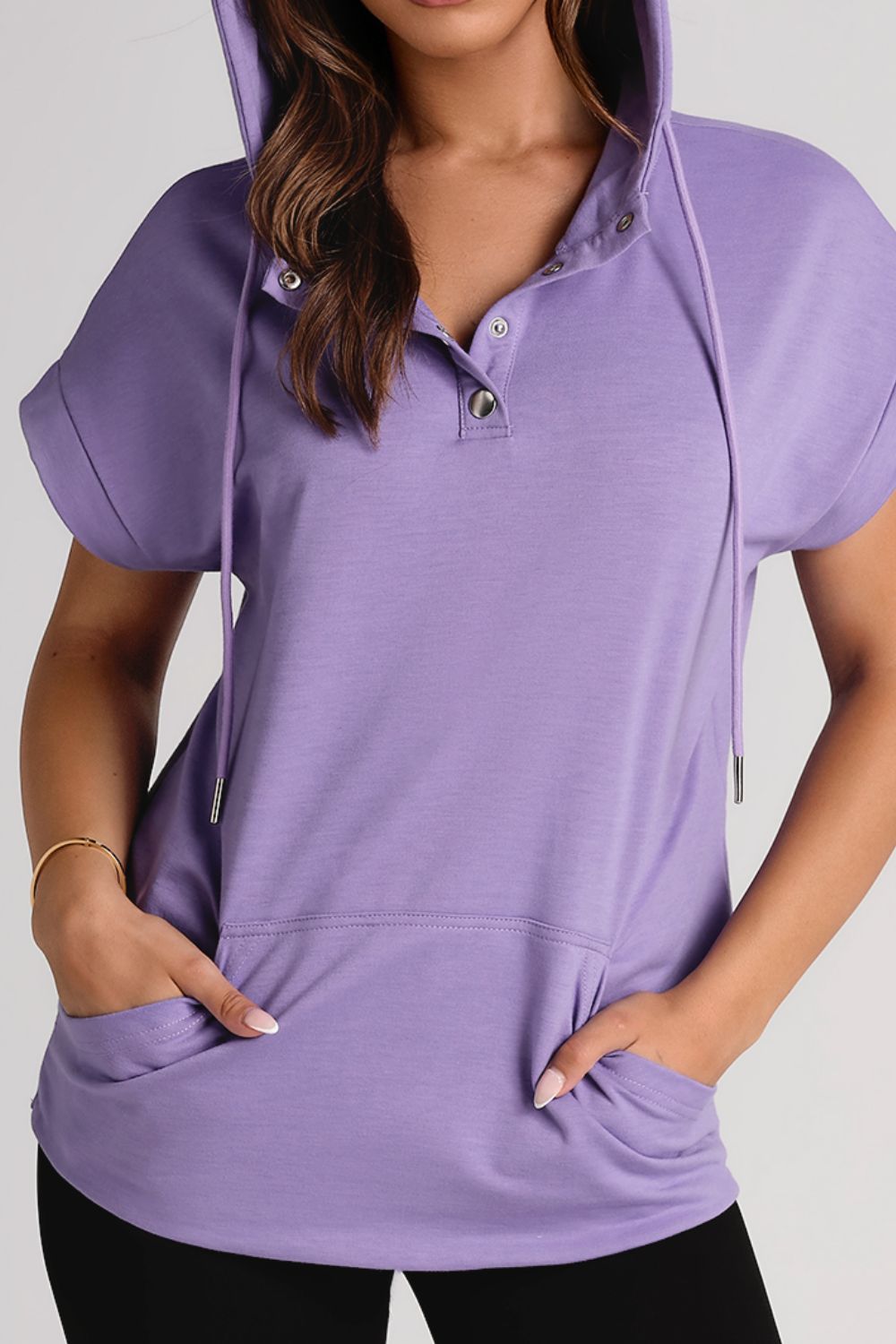 Drawstring Quarter Snap Cap Sleeve Hoodie Lavender