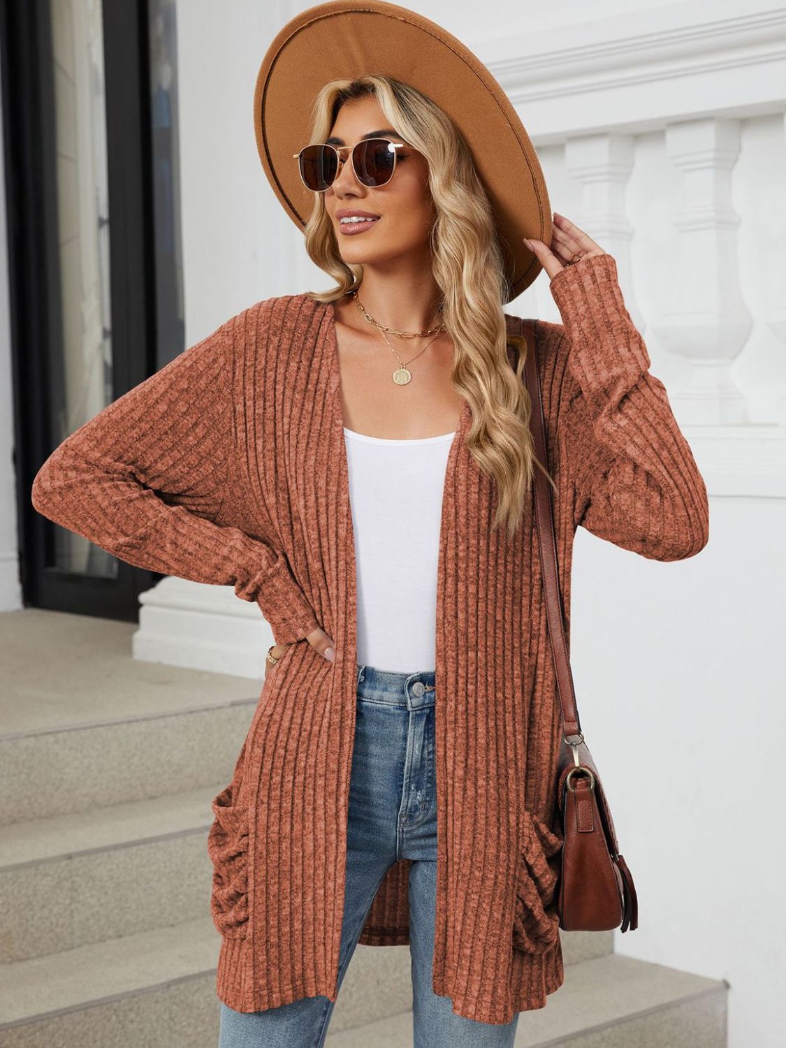 Pocketed Open Front Long Sleeve Cardigan Ochre