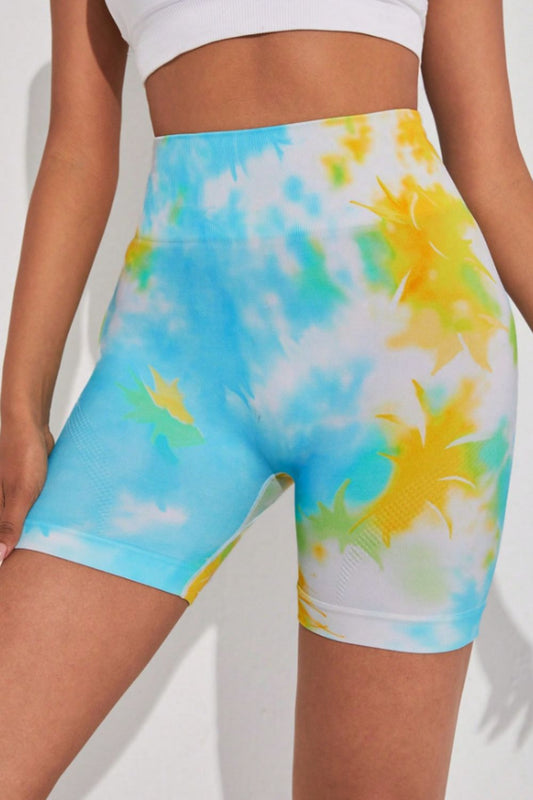 Tie-Dye Wide Waistband Sports Shorts Light Blue