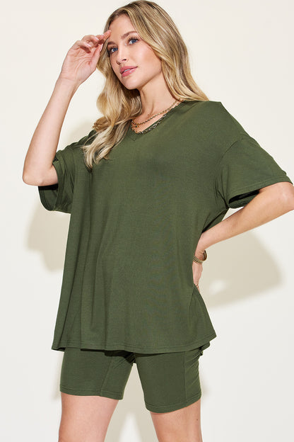 Relaxed Fit Rayon V-Neck Tee & Shorts Set