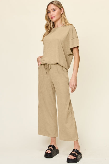 Textured Knit Top and Wide Leg Pant Set