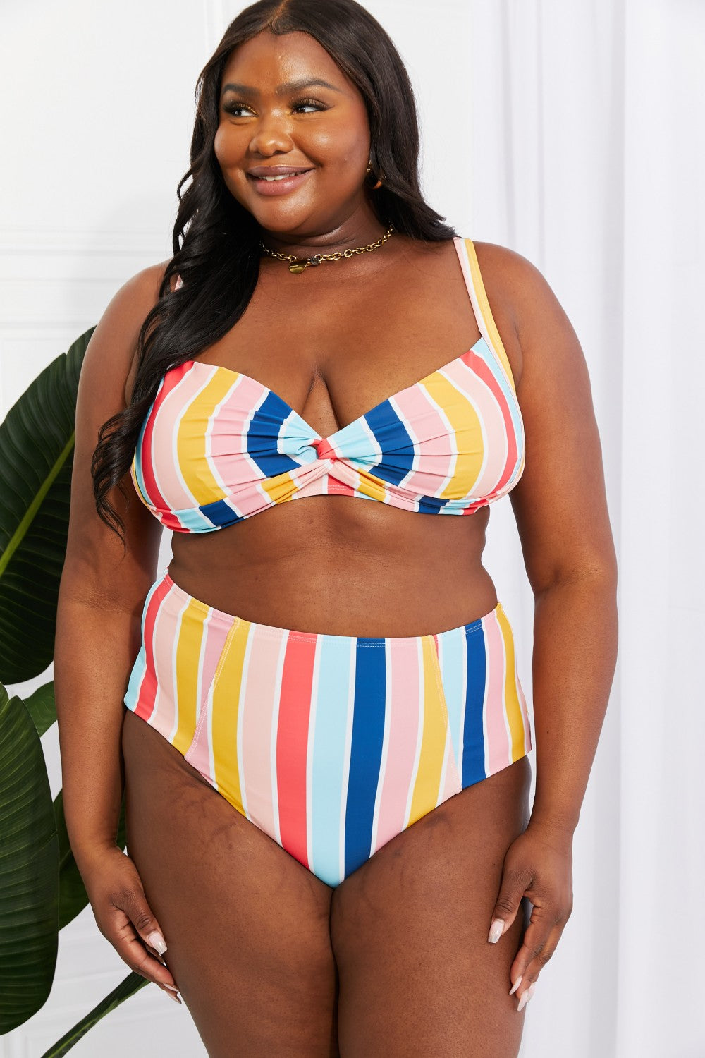 Striped Twist-Front High-Waisted Bikini