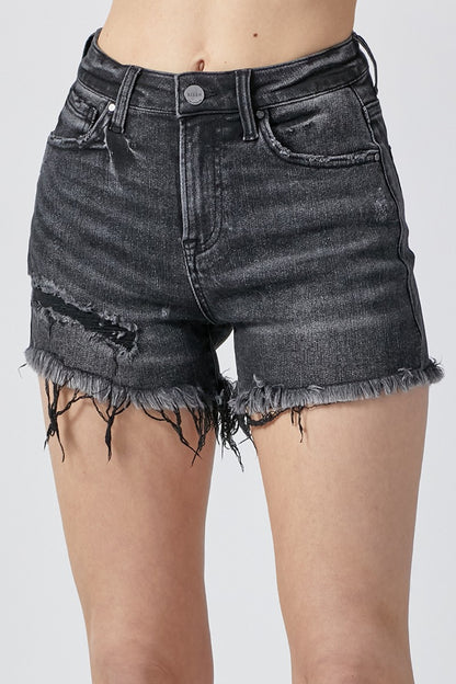 RISEN Raw Hem Denim Shorts with Pockets Black