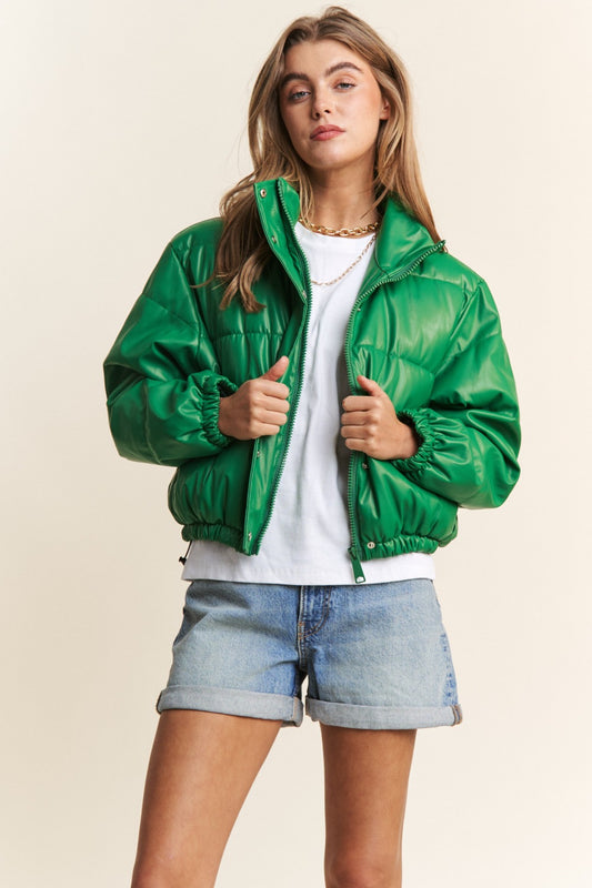 J.NNA Turtleneck Snap and Zipper Closure Crop Puff Jacket Green