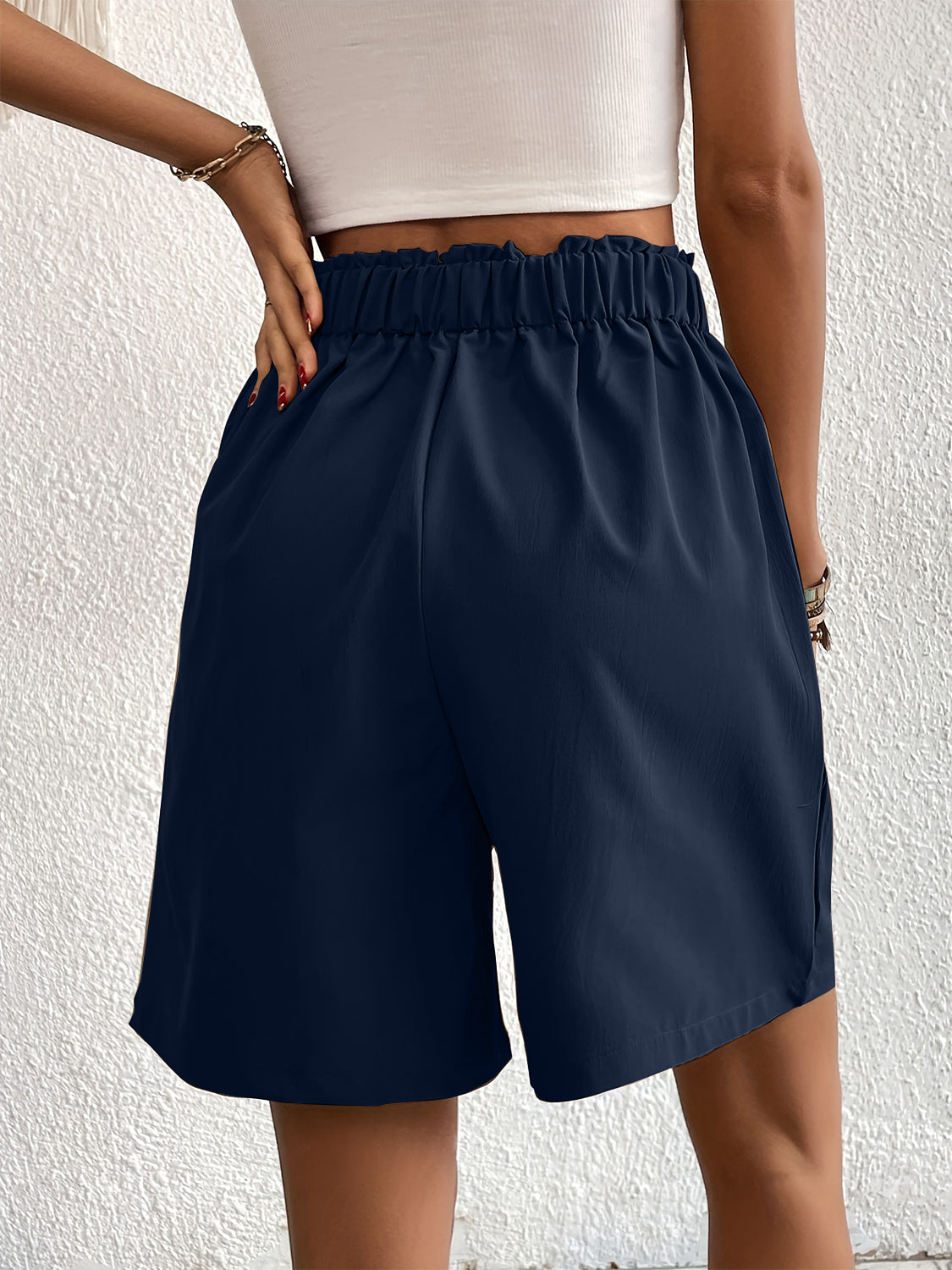 Pocketed Half Elastic Waist Shorts Dark Blue