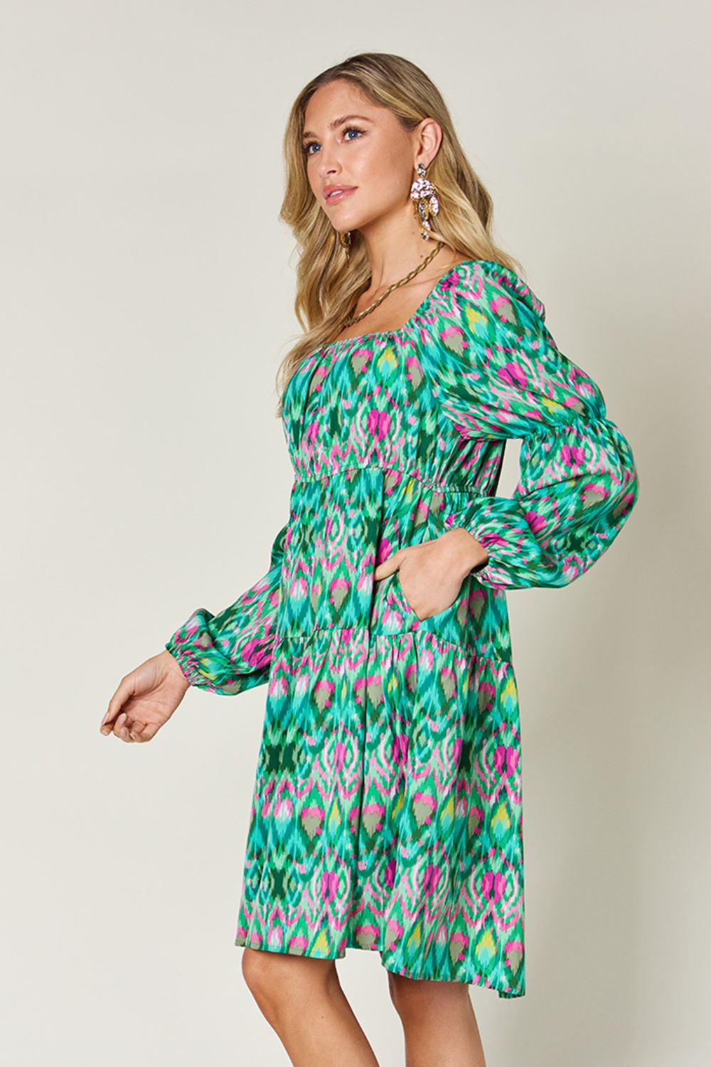 Printed Long Sleeve Smocked Dress