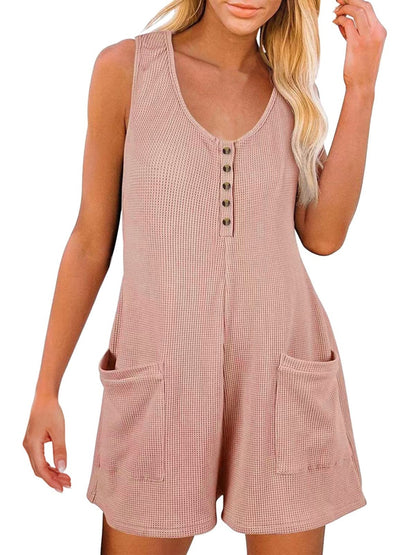 Button Front Sleeveless Romper with Pockets