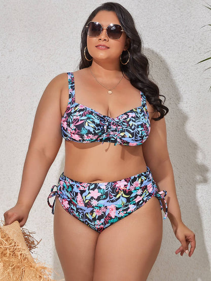 Plus Size Printed Drawstring Bikini Set Floral