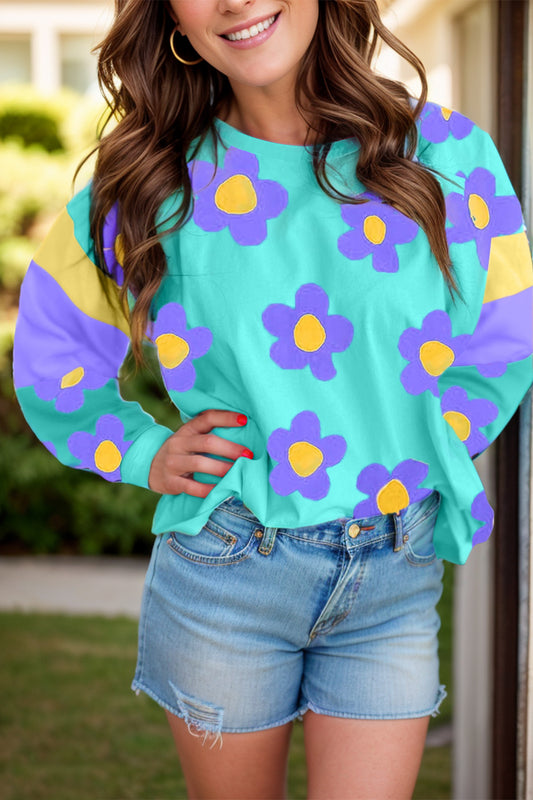 Contrast Flower Round Neck Long Sleeve Blouse Pastel Blue