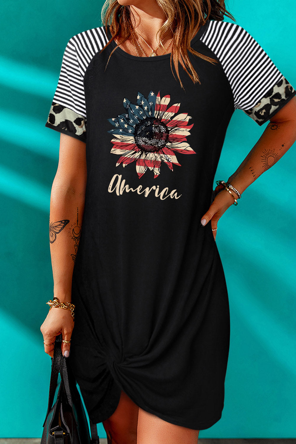 AMERICA US Flag Flower Graphic Twisted Dress Black