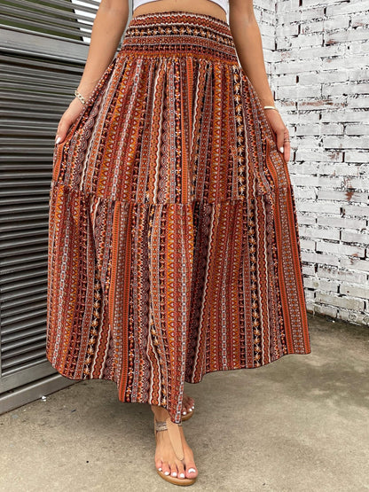 Printed Elastic Waist Maxi Skirt Caramel