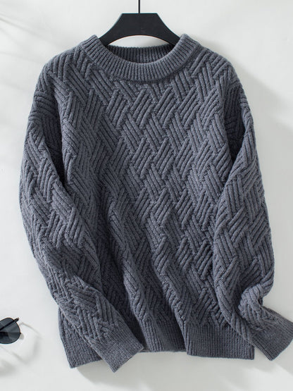 Round Neck Long Sleeve Woven Sweater Dark Gray