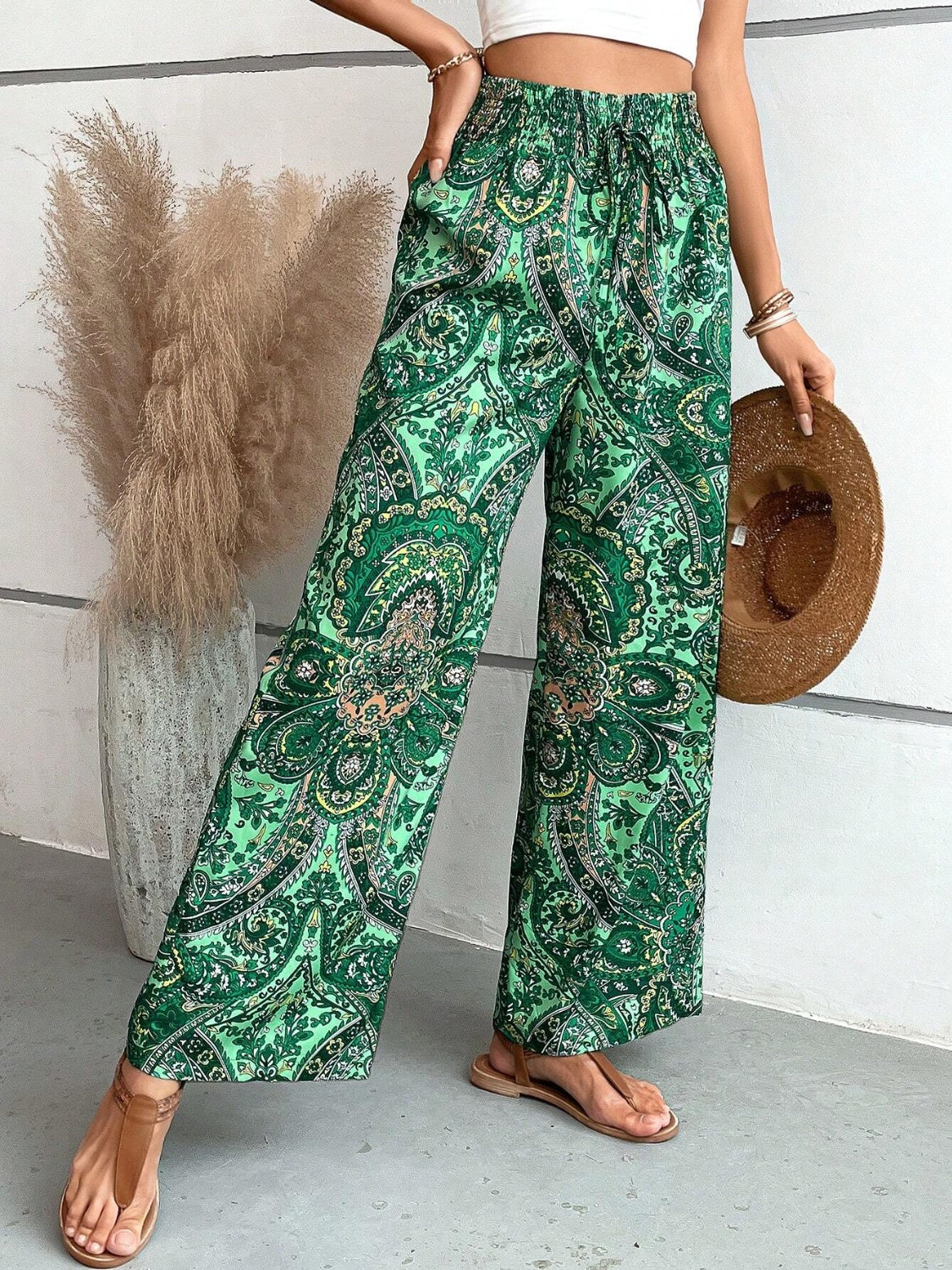 Tie Waist Printed Wide Leg Pants