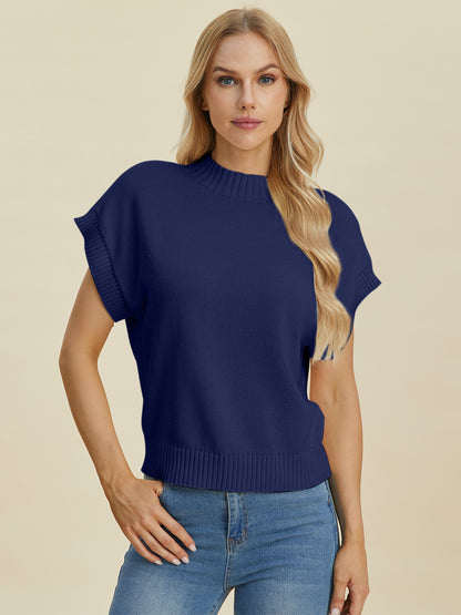 Double Take Full Size Mock Neck Short Sleeve Sweater