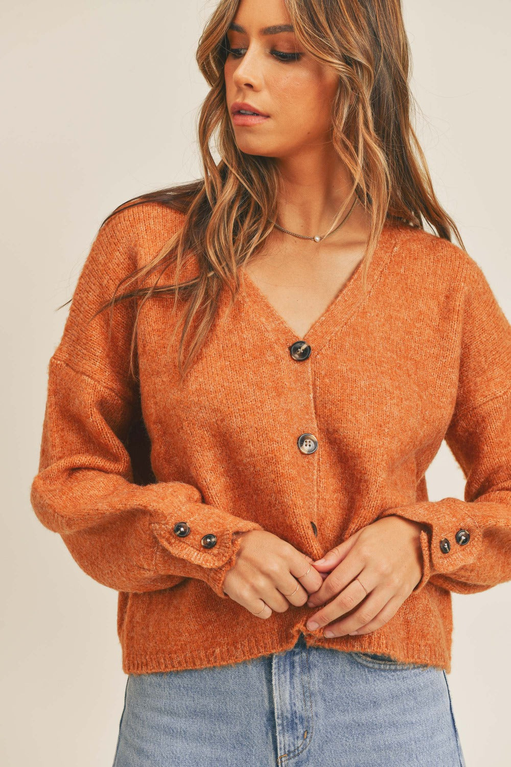 MABLE Long Sleeve Button Down Sweater Cardigan Rust