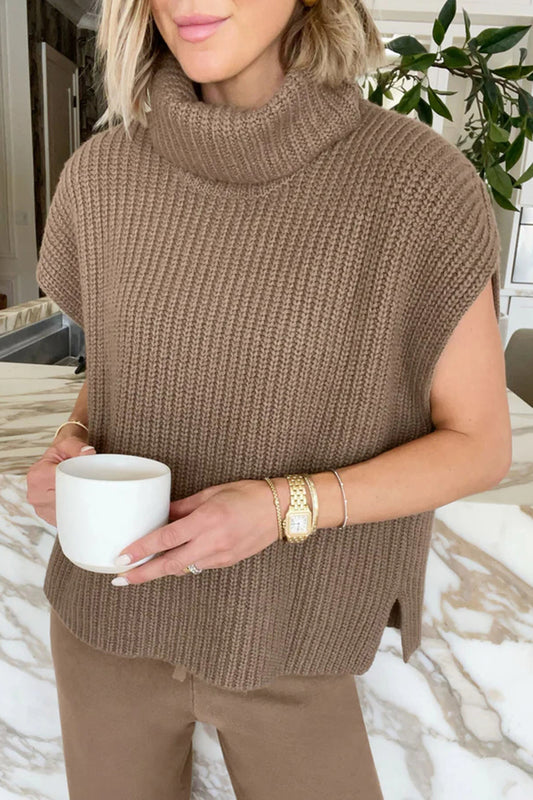 Slit Turtleneck Cap Sleeve Sweater Taupe