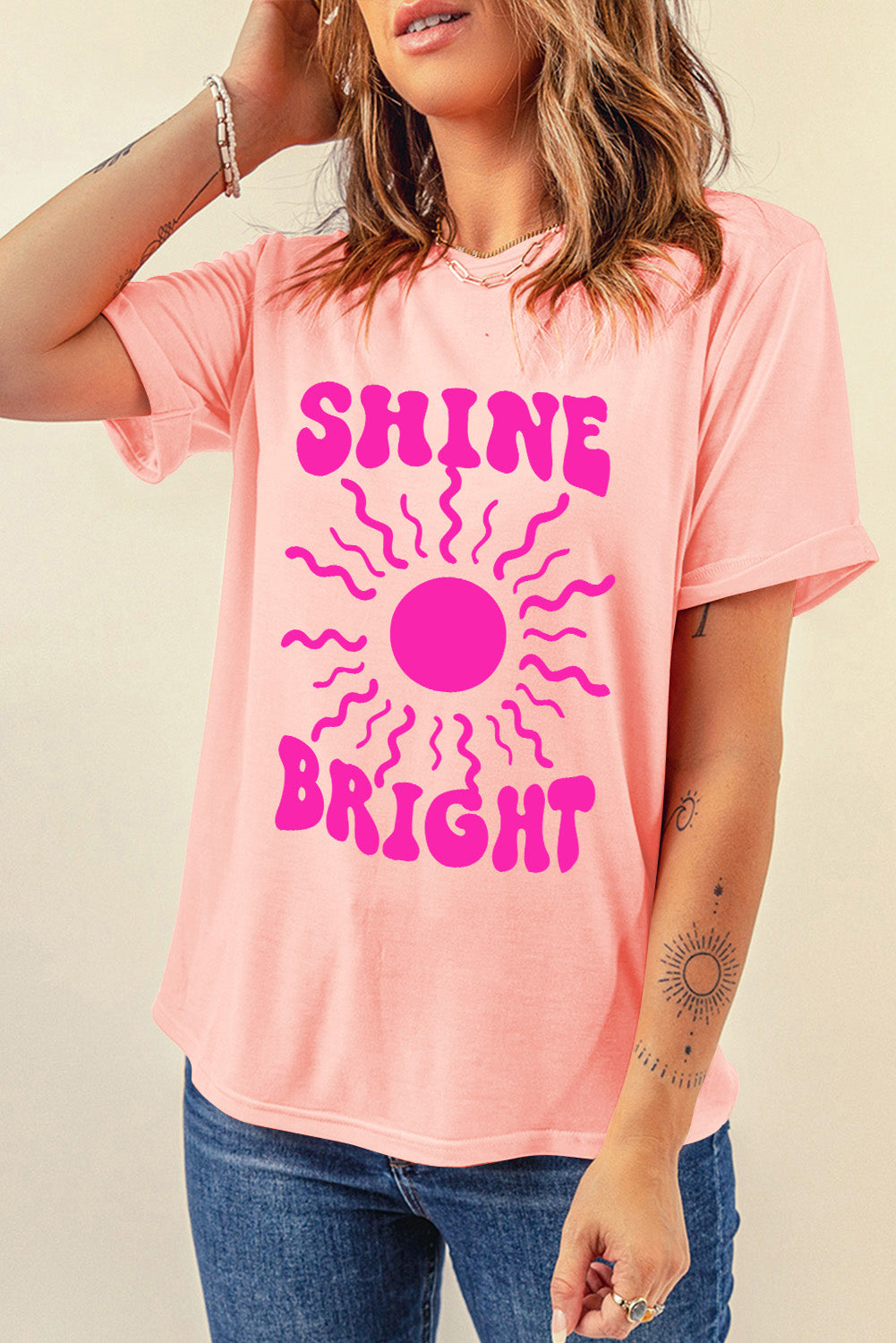 SHINE BRIGHT Round Neck Short Sleeve T-Shirt