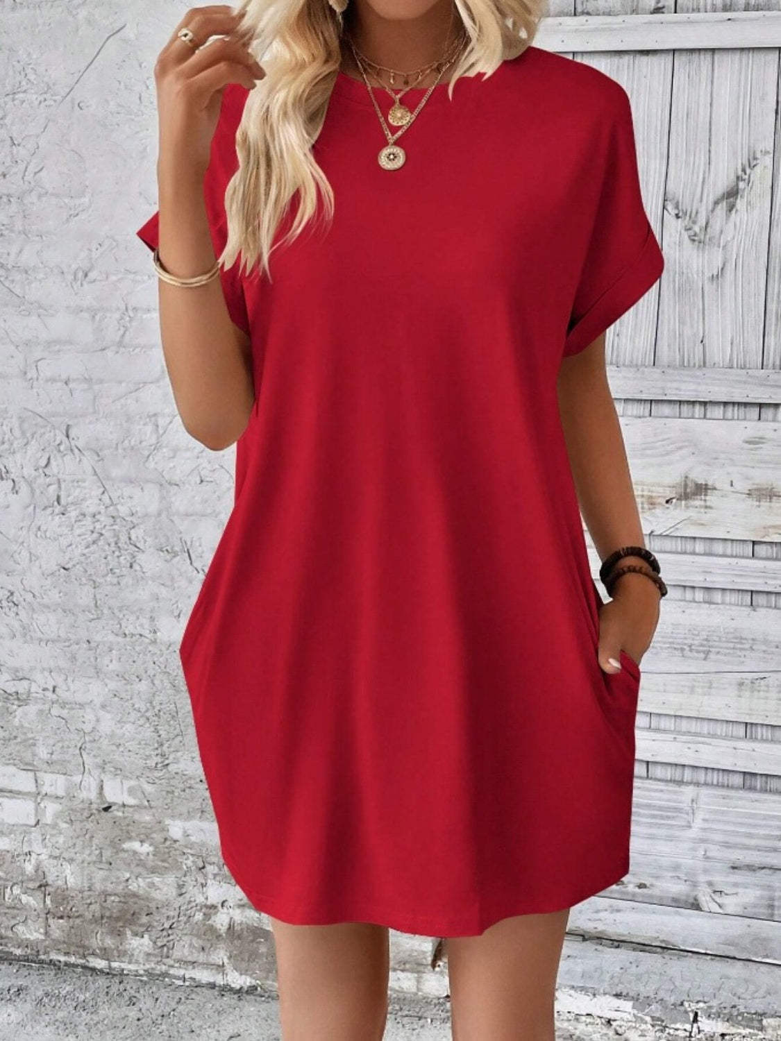 Casual Pocketed Round Neck Tee Dress Deep Red