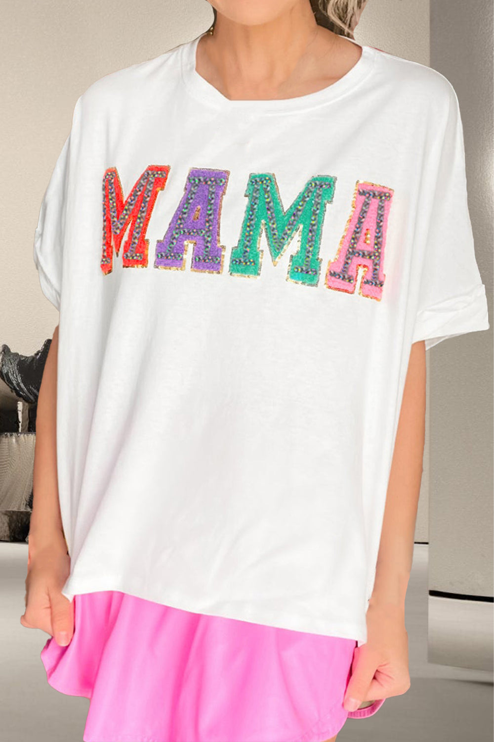 Mama Graphic Tee with Sequins White
