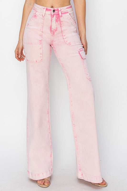 RISEN Full Size High Rise Wide Leg Cargo Pocket Jeans Acid Pink