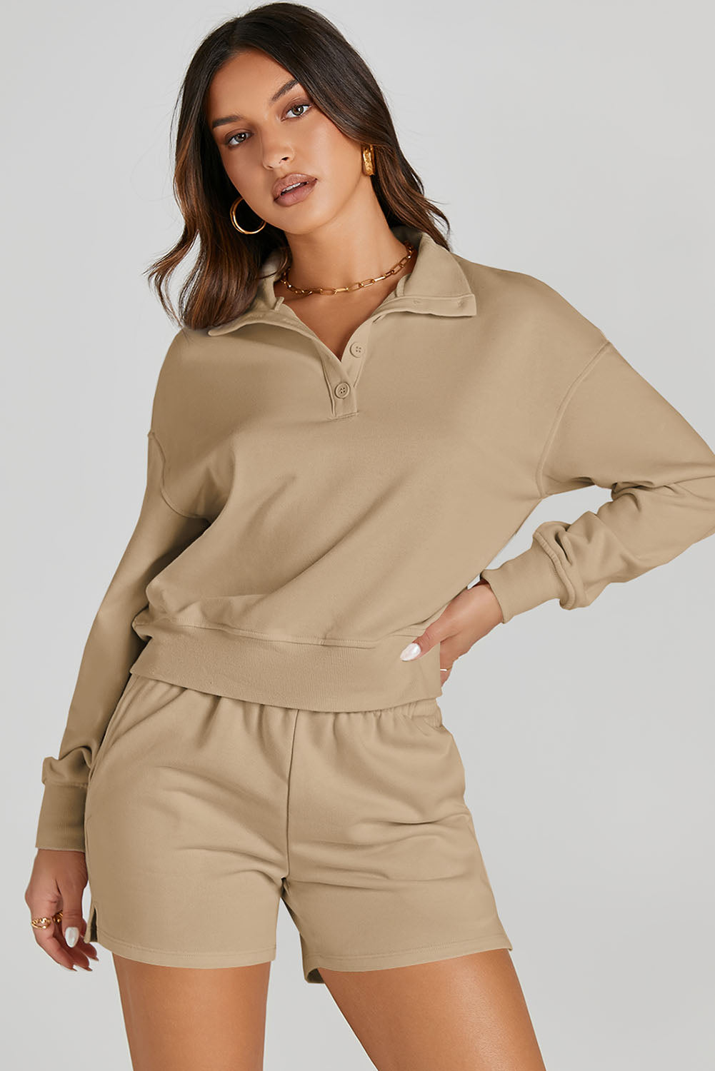 Half Button Sweatshirt and Shorts Active Set Tan