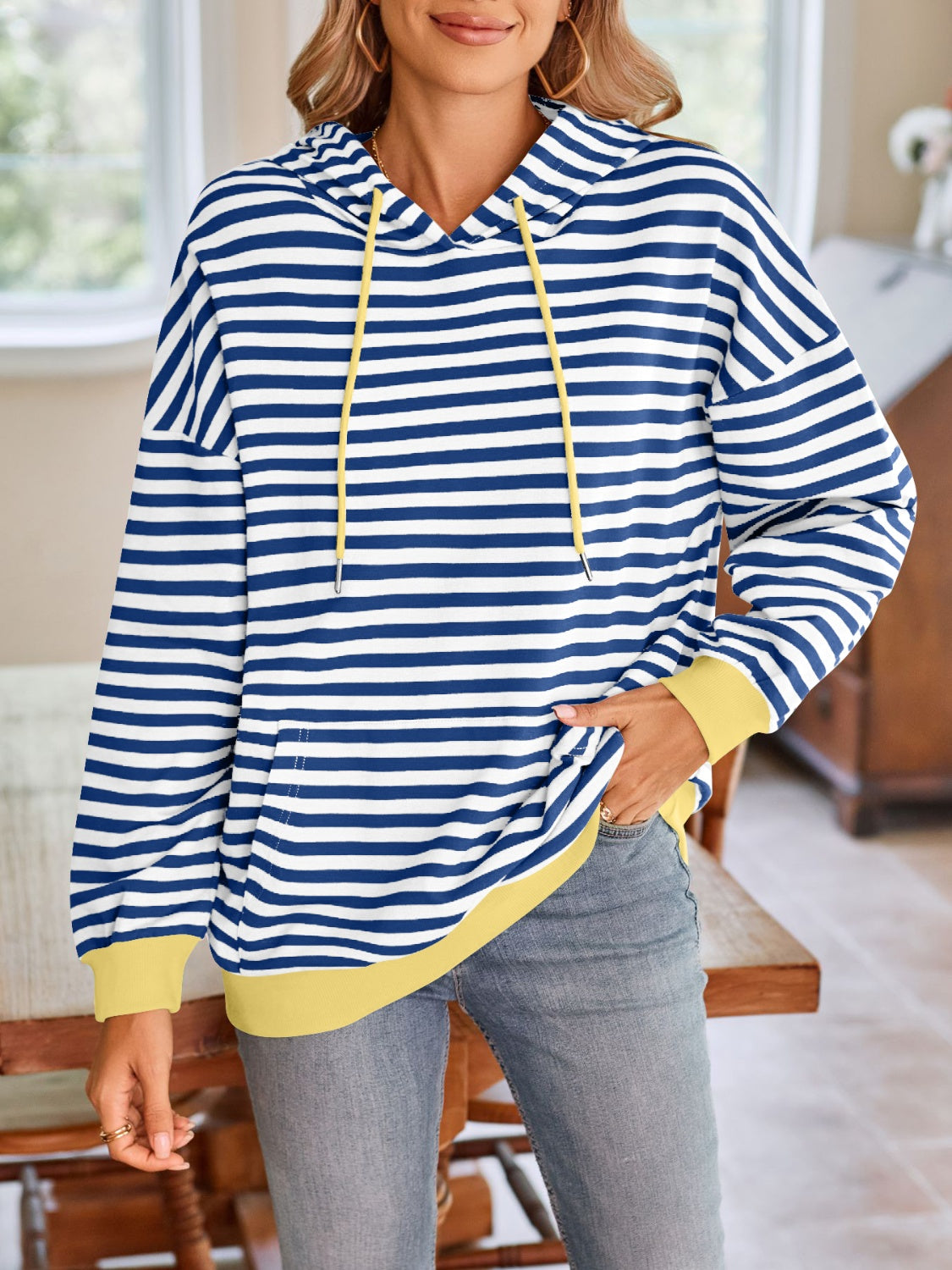 Striped Drawstring Hoodie Royal Blue